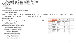 Acquring Data with Python
Python program to demonstrate # writing to CSV
import csv
# field names
fields = ['Name', 'Branch', 'Year', 'CGPA']
# data rows of csv file
rows = [ ['Nikhil', 'COE', '2', '9.0'], ['Sanchit', 'COE', '2', '9.1'], ['Aditya', 'IT', '2', '9.3'], ['Sagar', 'SE', '1', '9.5'],
['Prateek', 'MCE', '3', '7.8'], ['Sahil', 'EP', '2', '9.1']]
# name of csv file
filename = "university_records.csv“ O/p:
# writing to csv file
with open(filename, 'w') as csvfile:
# creating a csv writer object
csvwriter = csv.writer(csvfile)
# writing the fields
csvwriter.writerow(fields)
# writing the data rows
csvwriter.writerows(rows)
16
 