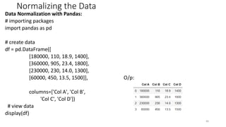 Normalizing the Data
Data Normalization with Pandas:
# importing packages
import pandas as pd
# create data
df = pd.DataFrame([
[180000, 110, 18.9, 1400],
[360000, 905, 23.4, 1800],
[230000, 230, 14.0, 1300],
[60000, 450, 13.5, 1500]], O/p:
columns=['Col A', 'Col B',
'Col C', 'Col D'])
# view data
display(df)
40
 