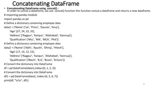 Concatenating DataFrame
• Concatenating DataFrame using .concat() :
In order to concat a dataframe, we use .concat() function this function concat a dataframe and returns a new dataframe.
# importing pandas module
import pandas as pd
# Define a dictionary containing employee data
data1 = {'Name':['Jai', 'Princi', 'Gaurav', 'Anuj'],
'Age':[27, 24, 22, 32],
'Address':['Nagpur', 'Kanpur', 'Allahabad', 'Kannuaj'],
'Qualification':['Msc', 'MA', 'MCA', 'Phd']}
# Define a dictionary containing employee data
data2 = {'Name':['Abhi', 'Ayushi', 'Dhiraj', 'Hitesh'],
'Age':[17, 14, 12, 52],
'Address':['Nagpur', 'Kanpur', 'Allahabad', 'Kannuaj'],
'Qualification':['Btech', 'B.A', 'Bcom', 'B.hons']}
# Convert the dictionary into DataFrame
df = pd.DataFrame(data1,index=[0, 1, 2, 3])
# Convert the dictionary into DataFrame
df1 = pd.DataFrame(data2, index=[4, 5, 6, 7])
print(df, "nn", df1)
47
 