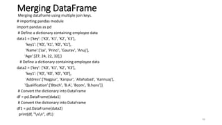 Merging DataFrame
Merging dataframe using multiple join keys.
# importing pandas module
import pandas as pd
# Define a dictionary containing employee data
data1 = {'key': ['K0', 'K1', 'K2', 'K3'],
'key1': ['K0', 'K1', 'K0', 'K1'],
'Name':['Jai', 'Princi', 'Gaurav', 'Anuj'],
'Age':[27, 24, 22, 32],}
# Define a dictionary containing employee data
data2 = {'key': ['K0', 'K1', 'K2', 'K3'],
'key1': ['K0', 'K0', 'K0', 'K0'],
'Address':['Nagpur', 'Kanpur', 'Allahabad', 'Kannuaj'],
'Qualification':['Btech', 'B.A', 'Bcom', 'B.hons']}
# Convert the dictionary into DataFrame
df = pd.DataFrame(data1)
# Convert the dictionary into DataFrame
df1 = pd.DataFrame(data2)
print(df, "nn", df1)
58
 