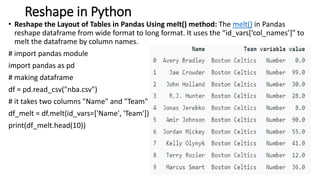 Reshape in Python
• Reshape the Layout of Tables in Pandas Using melt() method: The melt() in Pandas
reshape dataframe from wide format to long format. It uses the “id_vars[‘col_names’]” to
melt the dataframe by column names.
# import pandas module
import pandas as pd
# making dataframe
df = pd.read_csv("nba.csv")
# it takes two columns "Name" and "Team"
df_melt = df.melt(id_vars=['Name', 'Team'])
print(df_melt.head(10))
64
 