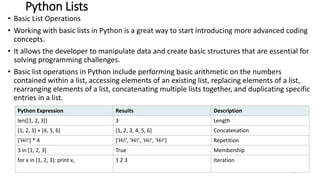 Python Lists
• Basic List Operations
• Working with basic lists in Python is a great way to start introducing more advanced coding
concepts.
• It allows the developer to manipulate data and create basic structures that are essential for
solving programming challenges.
• Basic list operations in Python include performing basic arithmetic on the numbers
contained within a list, accessing elements of an existing list, replacing elements of a list,
rearranging elements of a list, concatenating multiple lists together, and duplicating specific
entries in a list.
90
Python Expression Results Description
len([1, 2, 3]) 3 Length
[1, 2, 3] + [4, 5, 6] [1, 2, 3, 4, 5, 6] Concatenation
['Hi!'] * 4 ['Hi!', 'Hi!', 'Hi!', 'Hi!'] Repetition
3 in [1, 2, 3] True Membership
for x in [1, 2, 3]: print x, 1 2 3 Iteration
 