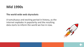 Mid 1990s
The world wide web skyrockets
A tumultuous and exciting period in history, as the
internet explodes in popularity and the resulting
data starts to inform the world we live in now.
 