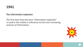 1941
The information explosion
The first time that the term ‘information explosion’
is used in the media in reference to the ever-increasing
amount of information.
 