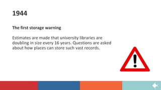1944
The first storage warning
Estimates are made that university libraries are
doubling in size every 16 years. Questions are asked
about how places can store such vast records.
 
