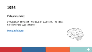 1956
Virtual memory
By German physicist Fritz-Rudolf Güntsch. The idea
finite storage was infinite.
More info here
 