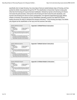 Data-Based Interval Throwing Programs for Collegiate Softball...                     http://www.ncbi.nlm.nih.gov/pmc/articles/PMC164345/



             specifically when to begin throwing, how many days of rest are needed between days of throwing, and how
             quickly the athlete may progress through the ITP. The classification is hierarchical. Injuries to body parts
             other than the throwing arm require the least modification, followed by injuries to the throwing arm that do
             not involve the joints (bruises), mild injuries to the throwing arm that involve the joints (tendinitis), and
             injuries to the throwing arm that are severe (postoperative, torn ligament) (Appendices E,F,G,H). Before
             initiation of throwing, the physician and any rehabilitation specialist involved must determine that the
                                                                                    21
             healing structures are ready to withstand the stresses of throwing. Once throwing has begun, the athlete
             can progress as the classification of her injury and the soreness rules allow.


                                                        Appendix E. Softball Pitcher's Instructions




                                                        Appendix F. Softball Catcher's Instructions




                                                        Appendix G. Softball Infielder's Instructions




8 of 12                                                                                                                  9/6/11 9:47 AM
 