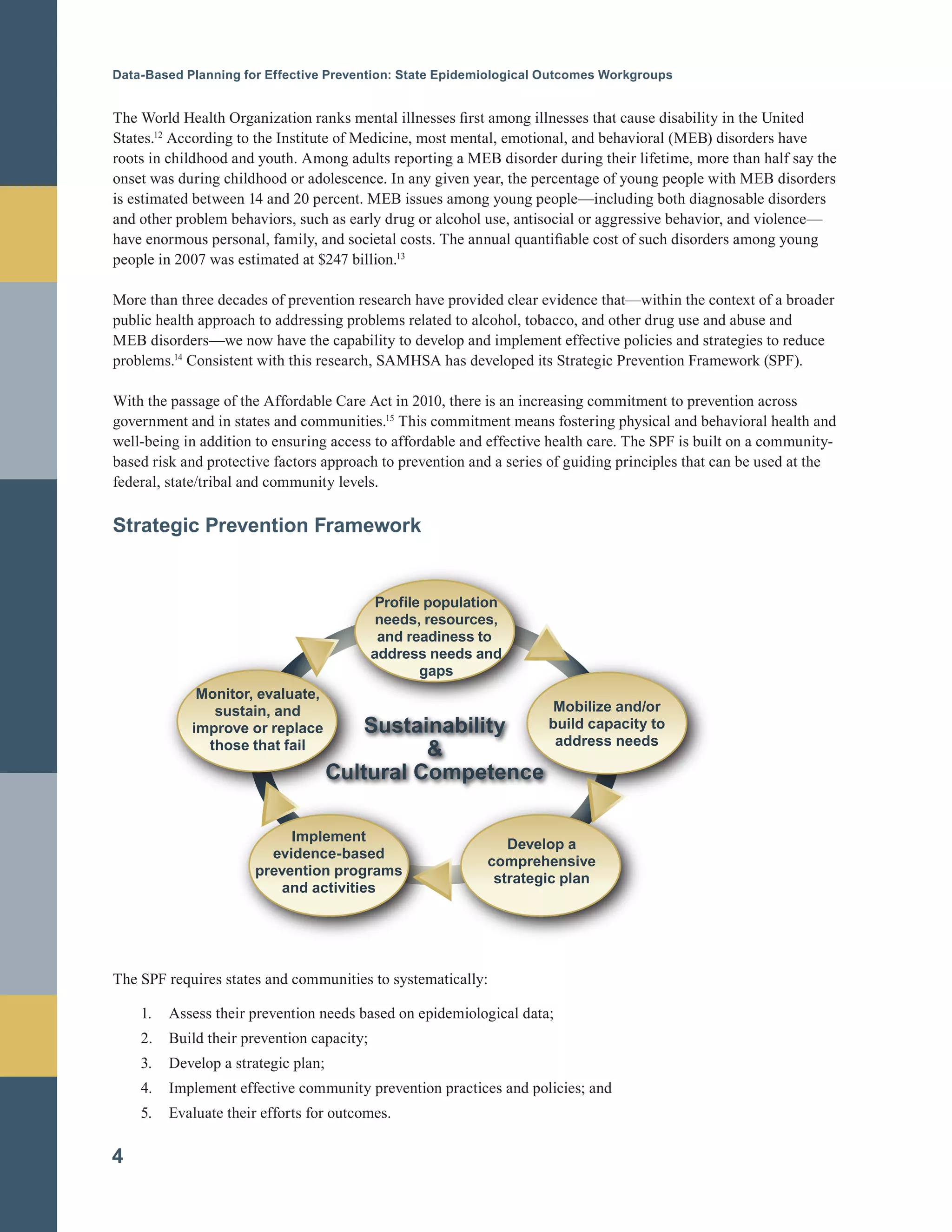 Data-Based Planning for Effective Prevention: State Epidemiological Outcomes Workgroups
4
The World Health Organization ranks mental illnesses first among illnesses that cause disability in the United
States.12
According to the Institute of Medicine, most mental, emotional, and behavioral (MEB) disorders have
roots in childhood and youth. Among adults reporting a MEB disorder during their lifetime, more than half say the
onset was during childhood or adolescence. In any given year, the percentage of young people with MEB disorders
is estimated between 14 and 20 percent. MEB issues among young people—including both diagnosable disorders
and other problem behaviors, such as early drug or alcohol use, antisocial or aggressive behavior, and violence—
have enormous personal, family, and societal costs. The annual quantifiable cost of such disorders among young
people in 2007 was estimated at $247 billion.13
More than three decades of prevention research have provided clear evidence that—within the context of a broader
public health approach to addressing problems related to alcohol, tobacco, and other drug use and abuse and
MEB disorders—we now have the capability to develop and implement effective policies and strategies to reduce
problems.14
Consistent with this research, SAMHSA has developed its Strategic Prevention Framework (SPF).
With the passage of the Affordable Care Act in 2010, there is an increasing commitment to prevention across
government and in states and communities.15
This commitment means fostering physical and behavioral health and
well-being in addition to ensuring access to affordable and effective health care. The SPF is built on a community-
based risk and protective factors approach to prevention and a series of guiding principles that can be used at the
federal, state/tribal and community levels.
Strategic Prevention Framework
Sustainability
&
Cultural Competence
Profile population
needs, resources,
and readiness to
address needs and
gaps
Mobilize and/or
build capacity to
address needs
Develop a
comprehensive
strategic plan
Implement
evidence-based
prevention programs
and activities
Monitor, evaluate,
sustain, and
improve or replace
those that fail
The SPF requires states and communities to systematically:
1. Assess their prevention needs based on epidemiological data;
2. Build their prevention capacity;
3. Develop a strategic plan;
4. Implement effective community prevention practices and policies; and
5. Evaluate their efforts for outcomes.
 