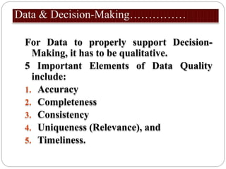 For Data to properly support Decision-
Making, it has to be qualitative.
5 Important Elements of Data Quality
include:
1. Accuracy
2. Completeness
3. Consistency
4. Uniqueness (Relevance), and
5. Timeliness.
 