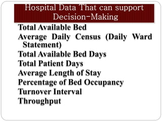 Total Available Bed
Average Daily Census (Daily Ward
Statement)
Total Available Bed Days
Total Patient Days
Average Length of Stay
Percentage of Bed Occupancy
Turnover Interval
Throughput
 