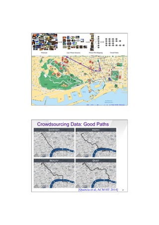 7/20/16
19
[De Choudhury et al, ACM HT 2010]
87[Quercia et al, ACM HT 2014]
Crowdsourcing Data: Good Paths
 