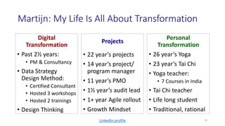 Martijn: My Life Is All About Transformation
Personal
Transformation
• 26 year’s Yoga
• 23 year’s Tai Chi
• Yoga teacher:
• 7 Courses in India
• Tai Chi teacher
• Life long student
• Traditional, rational
Projects
• 22 year’s projects
• 14 year’s project/
program manager
• 11 year’s PMO
• 1½ year’s audit lead
• 1+ year Agile rollout
• Growth Mindset
Digital
Transformation
• Past 2½ years:
• PM & Consultancy
• Data Strategy
Design Method:
• Certified Consultant
• Hosted 3 workshops
• Hosted 2 trainings
• Design Thinking
24LinkedIn profile
 