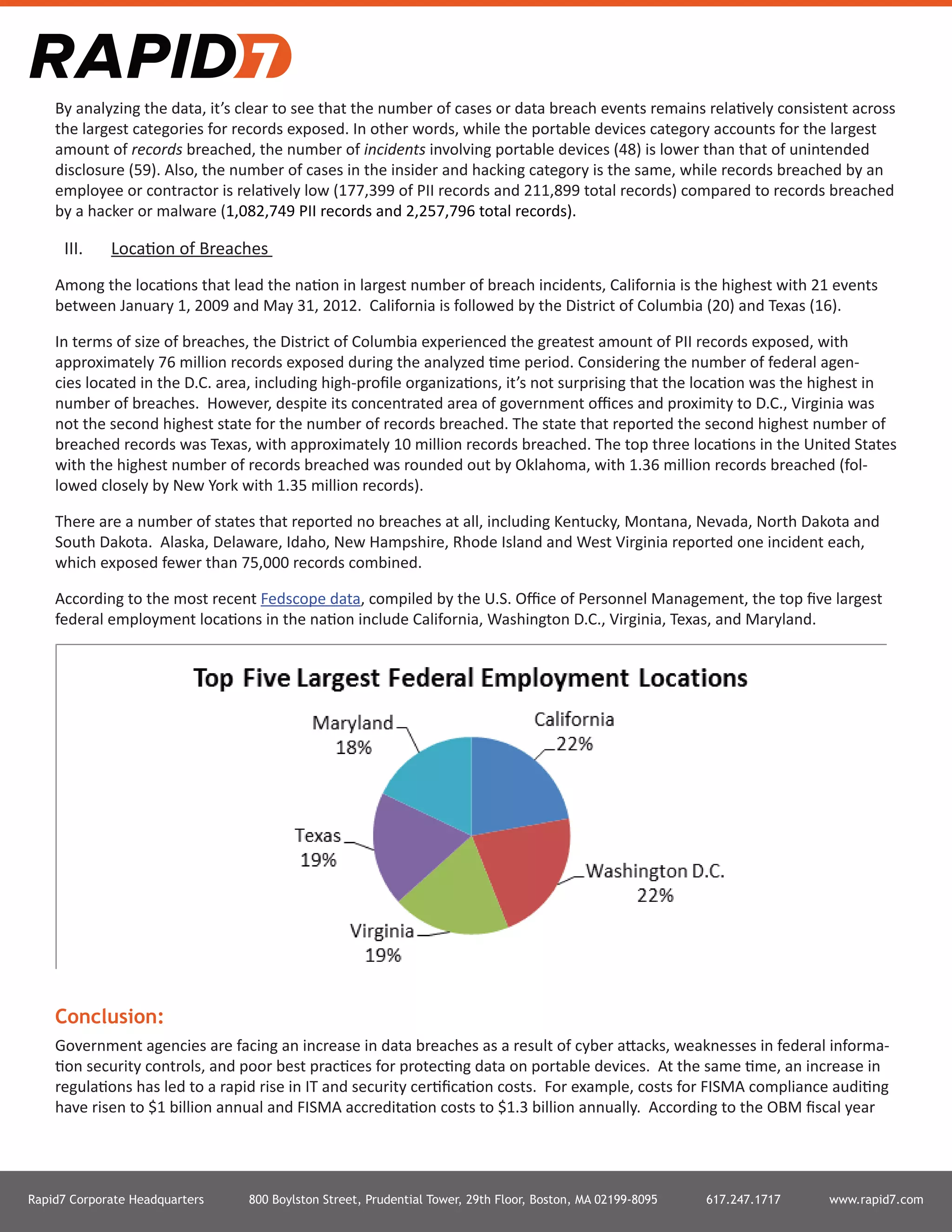 Rapid7 Corporate Headquarters 800 Boylston Street, Prudential Tower, 29th Floor, Boston, MA 02199-8095 617.247.1717 www.rapid7.com
By analyzing the data, it’s clear to see that the number of cases or data breach events remains relatively consistent across
the largest categories for records exposed. In other words, while the portable devices category accounts for the largest
amount of records breached, the number of incidents involving portable devices (48) is lower than that of unintended
disclosure (59). Also, the number of cases in the insider and hacking category is the same, while records breached by an
employee or contractor is relatively low (177,399 of PII records and 211,899 total records) compared to records breached
by a hacker or malware (1,082,749 PII records and 2,257,796 total records).
III.	 Location of Breaches
Among the locations that lead the nation in largest number of breach incidents, California is the highest with 21 events
between January 1, 2009 and May 31, 2012. California is followed by the District of Columbia (20) and Texas (16).
In terms of size of breaches, the District of Columbia experienced the greatest amount of PII records exposed, with
approximately 76 million records exposed during the analyzed time period. Considering the number of federal agen-
cies located in the D.C. area, including high-profile organizations, it’s not surprising that the location was the highest in
number of breaches. However, despite its concentrated area of government offices and proximity to D.C., Virginia was
not the second highest state for the number of records breached. The state that reported the second highest number of
breached records was Texas, with approximately 10 million records breached. The top three locations in the United States
with the highest number of records breached was rounded out by Oklahoma, with 1.36 million records breached (fol-
lowed closely by New York with 1.35 million records).
There are a number of states that reported no breaches at all, including Kentucky, Montana, Nevada, North Dakota and
South Dakota. Alaska, Delaware, Idaho, New Hampshire, Rhode Island and West Virginia reported one incident each,
which exposed fewer than 75,000 records combined.
According to the most recent Fedscope data, compiled by the U.S. Office of Personnel Management, the top five largest
federal employment locations in the nation include California, Washington D.C., Virginia, Texas, and Maryland.
Conclusion:
Government agencies are facing an increase in data breaches as a result of cyber attacks, weaknesses in federal informa-
tion security controls, and poor best practices for protecting data on portable devices. At the same time, an increase in
regulations has led to a rapid rise in IT and security certification costs. For example, costs for FISMA compliance auditing
have risen to $1 billion annual and FISMA accreditation costs to $1.3 billion annually. According to the OBM fiscal year
 