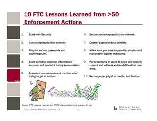 © 2015 Bradley Arant Boult Cummings LLP
10 FTC Lessons Learned from >50
Enforcement Actions
1. Start with Security.
2. Control access to data sensibly.
3. Require secure passwords and
authentication.
4. Store sensitive personal information
securely and protect it during transmission.
5. Segment your network and monitor who’s
trying to get in and out.
6. Secure remote access to your network.
7. Control access to data sensibly.
8. Make sure your service providers implement
reasonable security measures.
9. Put procedures in place to keep your security
current and address vulnerabilities that may
arise.
10. Secure paper, physical media, and devices.
Source: FTC Lessons Learned from FTC Enforcement Actions business.ftc.gov
11
 
