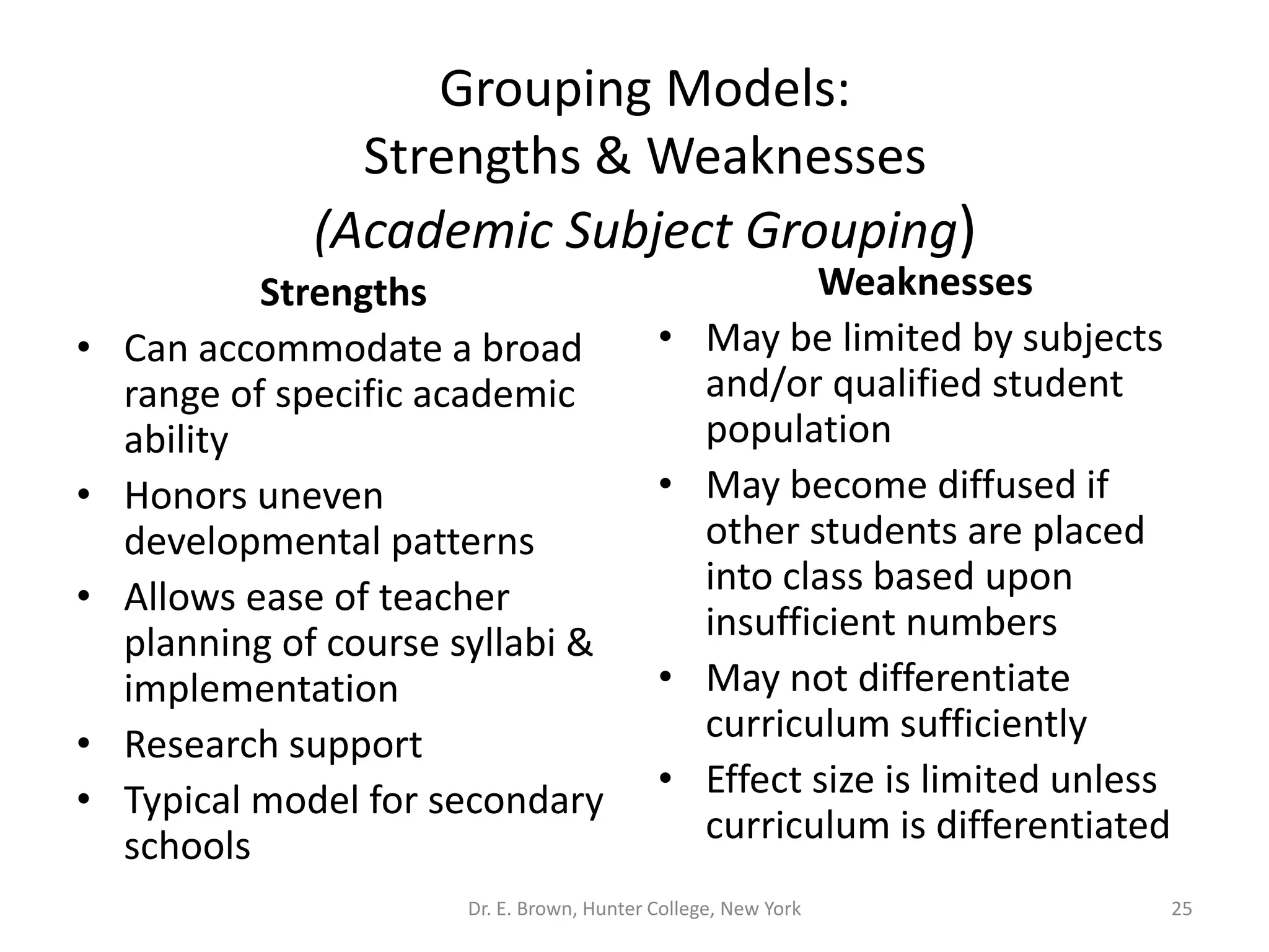 Grouping Models: 
Strengths & Weaknesses 
(Academic Subject Grouping) 
Strengths 
• Can accommodate a broad 
range of specific academic 
ability 
• Honors uneven 
developmental patterns 
• Allows ease of teacher 
planning of course syllabi & 
implementation 
• Research support 
• Typical model for secondary 
schools 
Weaknesses 
• May be limited by subjects 
and/or qualified student 
population 
• May become diffused if 
other students are placed 
into class based upon 
insufficient numbers 
• May not differentiate 
curriculum sufficiently 
• Effect size is limited unless 
curriculum is differentiated 
Dr. E. Brown, Hunter College, New York 25 
 