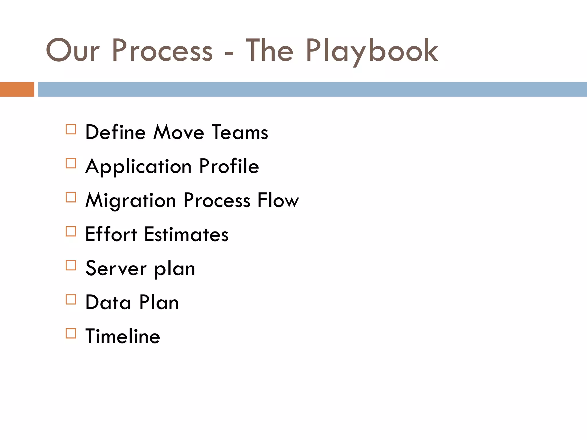 Our Process - The Playbook Define Move Teams  Application Profile Migration Process Flow Effort Estimates Server plan  Data Plan Timeline 