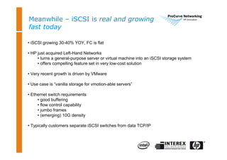 Meanwhile – iSCSI is real and growing
fast today
• iSCSI growing 30-40% YOY, FC is flat
• HP just acquired Left-Hand Networks
• turns a general-purpose server or virtual machine into an iSCSI storage system
• offers compelling feature set in very low-cost solution
• Very recent growth is driven by VMware
• Use case is “vanilla storage for vmotion-able servers”
• Ethernet switch requirements
• good buffering
• flow control capability
• jumbo frames
• (emerging) 10G density
• Typically customers separate iSCSI switches from data TCP/IP
 