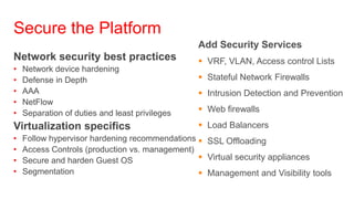 Secure the Platform
                                                Add Security Services
Network security best practices                  VRF, VLAN, Access control Lists
•   Network device hardening
•   Defense in Depth                             Stateful Network Firewalls
•   AAA                                          Intrusion Detection and Prevention
•   NetFlow
•   Separation of duties and least privileges    Web firewalls
Virtualization specifics                         Load Balancers
•   Follow hypervisor hardening recommendations  SSL Offloading
•   Access Controls (production vs. management)
•   Secure and harden Guest OS                   Virtual security appliances
•   Segmentation                                 Management and Visibility tools
 