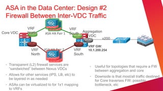 ASA in the Data Center: Design #2
 Firewall Between Inter-VDC Traffic
               VRF                          VRF
Core VDC       North                                Aggregation
                          ASA HA Pair 1     South
                                                       VDC
                                                                  v200

                                                       VRF GW:
                 VRF     ASA HA Pair 2        VRF      10.1.200.254
                 North                        South

 • Transparent (L2) firewall services are
                                                        •   Useful for topologies that require a FW
   ―sandwiched‖ between Nexus VDCs
                                                            between aggregation and core
 • Allows for other services (IPS, LB, etc) to
                                                        •   Downside is that most/all traffic destined
   be layered in as needed
                                                            for Core traverses FW; possible
 • ASAs can be virtualized to for 1x1 mapping               bottleneck, etc
   to VRFs
 