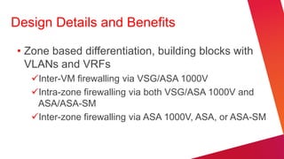 Design Details and Benefits

 • Zone based differentiation, building blocks with
   VLANs and VRFs
    Inter-VM firewalling via VSG/ASA 1000V
    Intra-zone firewalling via both VSG/ASA 1000V and
     ASA/ASA-SM
    Inter-zone firewalling via ASA 1000V, ASA, or ASA-SM
 