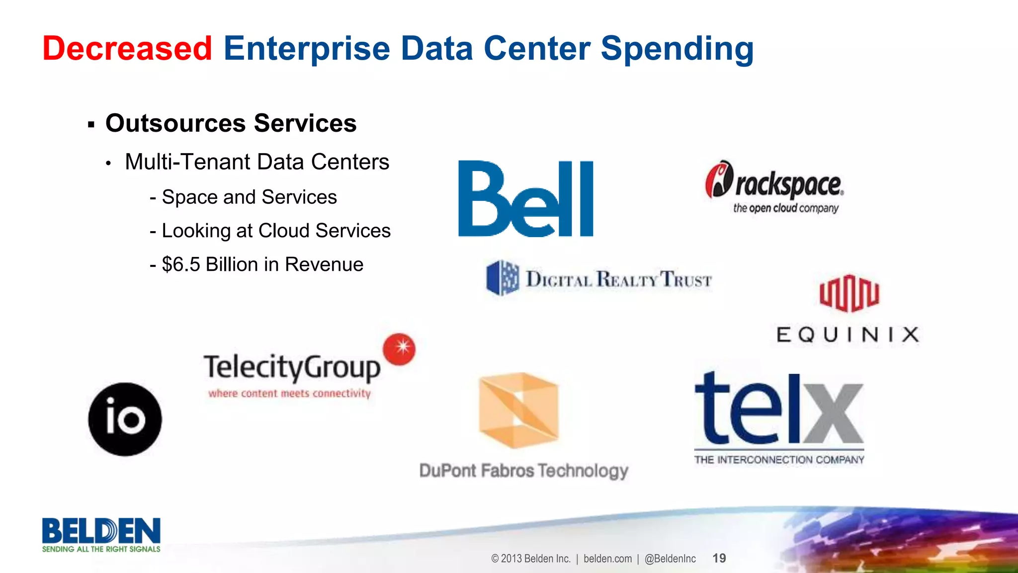 © 2013 Belden Inc. | belden.com | @BeldenInc 19
 Outsources Services
• Multi-Tenant Data Centers
 - Space and Services
 - Looking at Cloud Services
 - $6.5 Billion in Revenue
Decreased Enterprise Data Center Spending
 