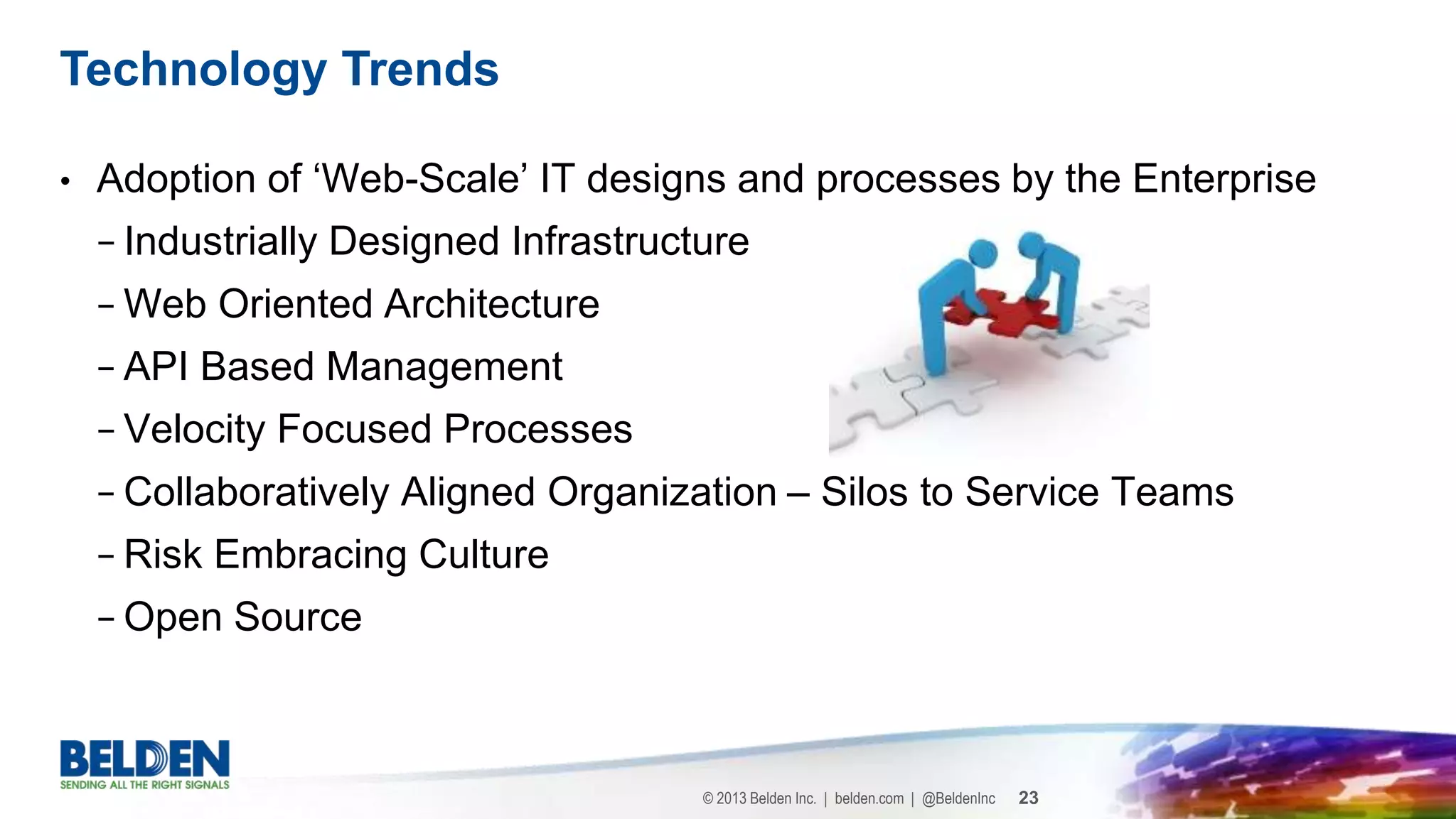 © 2013 Belden Inc. | belden.com | @BeldenInc 23
• Adoption of ‘Web-Scale’ IT designs and processes by the Enterprise
− Industrially Designed Infrastructure
− Web Oriented Architecture
− API Based Management
− Velocity Focused Processes
− Collaboratively Aligned Organization – Silos to Service Teams
− Risk Embracing Culture
− Open Source
Technology Trends
 