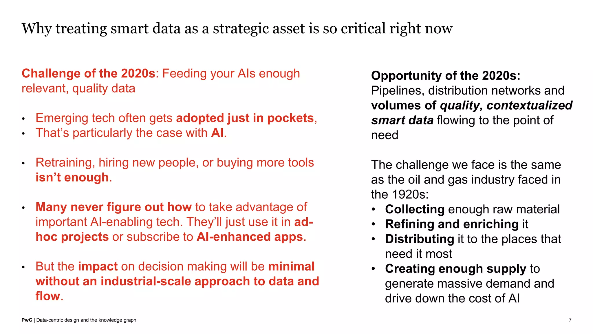 PwC | Data-centric design and the knowledge graph
Why treating smart data as a strategic asset is so critical right now
7
Challenge of the 2020s: Feeding your AIs enough
relevant, quality data
• Emerging tech often gets adopted just in pockets,
• That’s particularly the case with AI.
• Retraining, hiring new people, or buying more tools
isn’t enough.
• Many never figure out how to take advantage of
important AI-enabling tech. They’ll just use it in ad-
hoc projects or subscribe to AI-enhanced apps.
• But the impact on decision making will be minimal
without an industrial-scale approach to data and
flow.
Opportunity of the 2020s:
Pipelines, distribution networks and
volumes of quality, contextualized
smart data flowing to the point of
need
The challenge we face is the same
as the oil and gas industry faced in
the 1920s:
• Collecting enough raw material
• Refining and enriching it
• Distributing it to the places that
need it most
• Creating enough supply to
generate massive demand and
drive down the cost of AI
 