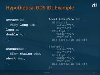 Hypothetical DDS IDL Example

structFoo {                  local interface Svc {
                               @InTopic(
  @Key long id;                   value="T1”,
                                  key="42")
long x;                        @OutTopic(
double y;                         value="T2",
                                  key="me")
};                             Bar doFoo1(in Foo f);

                             @InTopic(
structBar {                       value="T1”,
                                  key="29")
  @Key string who;             @OutTopic(
short baz;                        value="T2",
                                  key="you")
};                             Bar doFoo2(in Foo f);
                             };
                     © 2012 RTI                        16
 