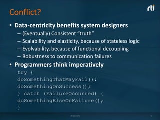 Conflict?
• Data-centricity benefits system designers
  –   (Eventually) Consistent “truth”
  –   Scalability and elasticity, because of stateless logic
  –   Evolvability, because of functional decoupling
  –   Robustness to communication failures
• Programmers think imperatively
  try {
  doSomethingThatMayFail();
  doSomethingOnSuccess();
  } catch (FailureOccurred) {
  doSomethingElseOnFailure();
  }
                            © 2012 RTI                         5
 
