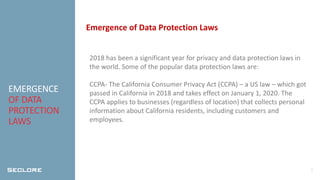 6
EMERGENCE
OF DATA
PROTECTION
LAWS
Emergence of Data Protection Laws
2018 has been a significant year for privacy and data protection laws in
the world. Some of the popular data protection laws are:
CCPA- The California Consumer Privacy Act (CCPA) – a US law – which got
passed in California in 2018 and takes effect on January 1, 2020. The
CCPA applies to businesses (regardless of location) that collects personal
information about California residents, including customers and
employees.
 