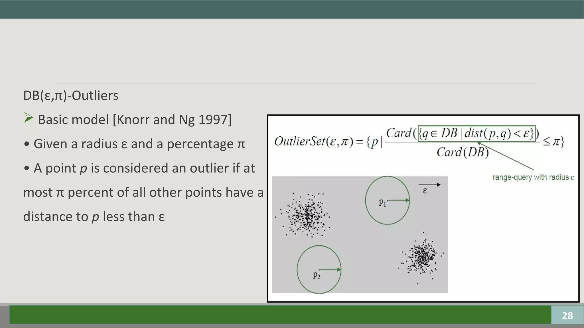 DB(ε,π)-Outliers
 Basic model [Knorr and Ng 1997]
• Given a radius ε and a percentage π
• A point p is considered an outlier if at
most π percent of all other points have a
distance to p less than ε
28
 