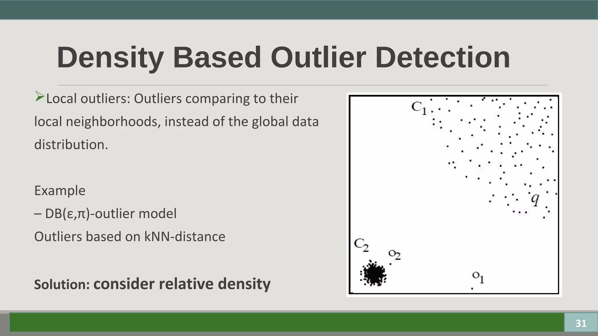Density Based Outlier Detection
Local outliers: Outliers comparing to their
local neighborhoods, instead of the global data
distribution.
Example
– DB(ε,π)-outlier model
Outliers based on kNN-distance
Solution: consider relative density
31
 