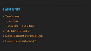 BEYOND ISSUES
▸ Transforming
▸ Encoding
▸ Local time <—> UTC time
▸ Tidy data/normalization
▸ Storage optimization: Parquet, ORC
▸ Flexibility optimization: JSON
 