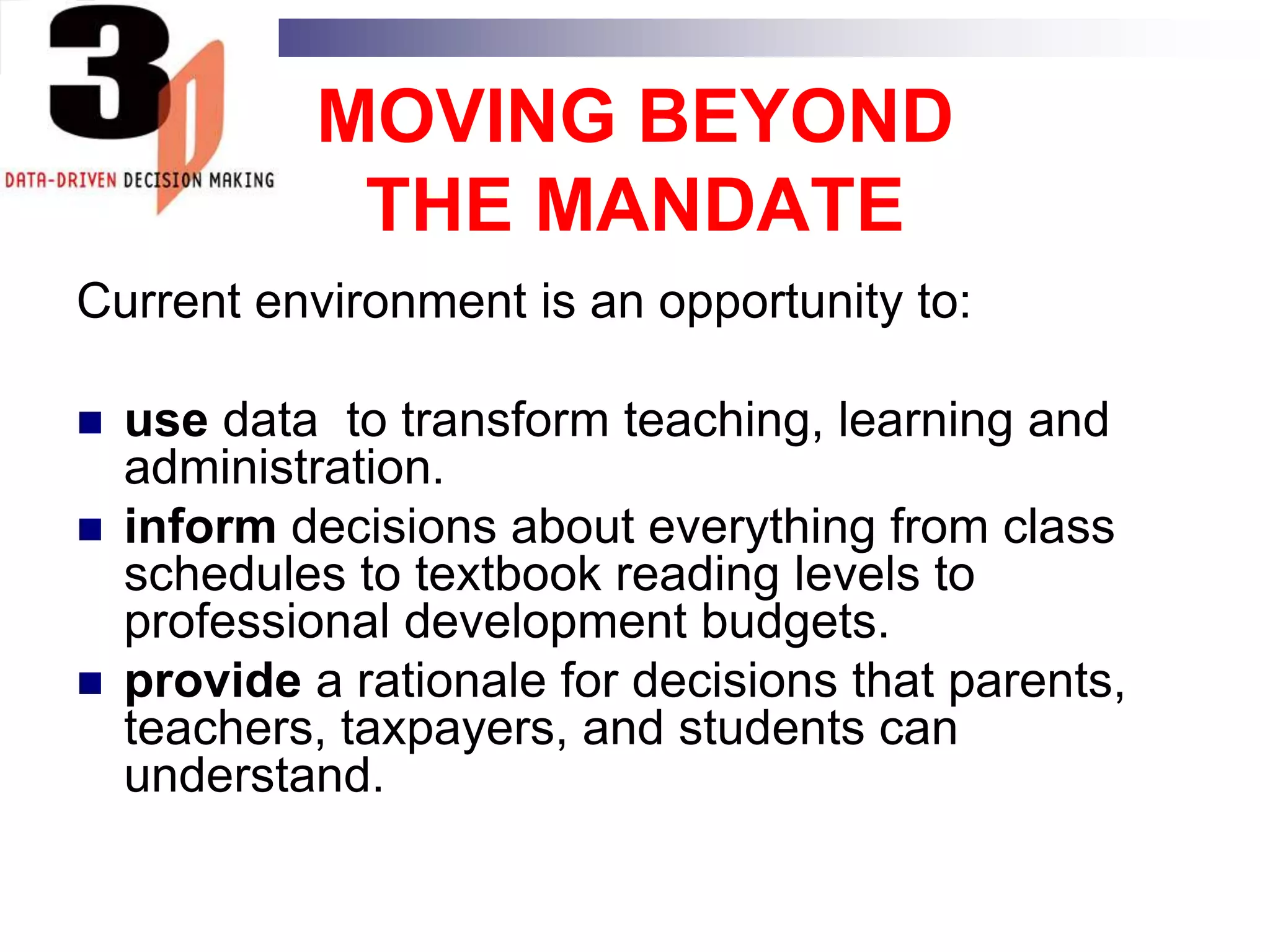 NATIONAL EDUCATION TECHNOLOGY PLAN	TowardA New Golden Age in American Educationcalls upon states, districts and schools to establish a plan to integrate data systems; use data from both administrative and instructional systems to understand relationships; ensure interoperability;  and use assessment results to inform instruction. 