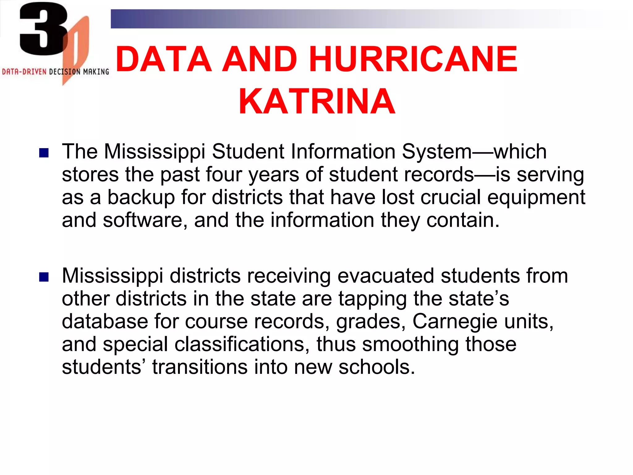 MOVING BEYOND THE MANDATECurrent environment is an opportunity to:use data  to transform teaching, learning and administration. inform decisions about everything from class schedules to textbook reading levels to professional development budgets. provide a rationale for decisions that parents, teachers, taxpayers, and students can understand.