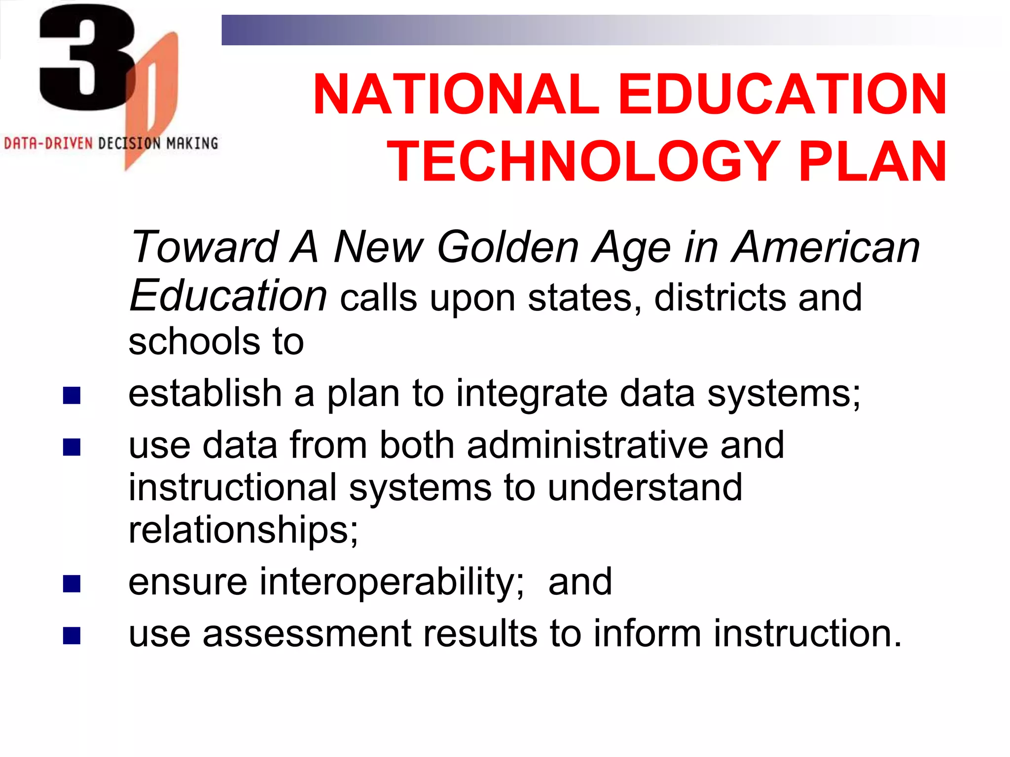 VISION TO KNOW AND DOReleased Vision to Know and Do: The Power of Data as a Tool in Educational Decision Making and From Vision to Action: How School Districts Use Data to Improve Performance ,in depth examinations of the issue Created a rich website, www.3d2know.orgDeveloped a self assessment tool to  estimate a district’s readiness to use data-driven decision models Convened a Congressional Seminars in Washington, DC Issued quarterly newsletter, Vision to Know and Do newsletter