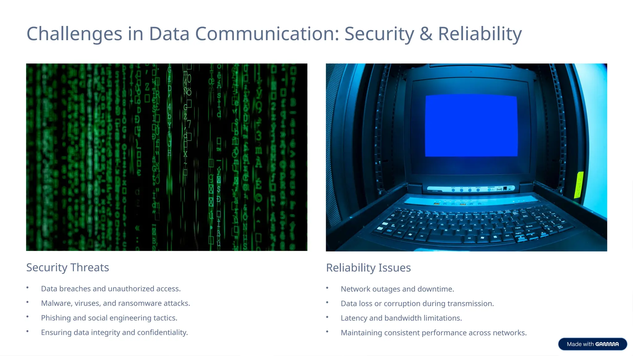 Challenges in Data Communication: Security & Reliability
Security Threats
• Data breaches and unauthorized access.
• Malware, viruses, and ransomware attacks.
• Phishing and social engineering tactics.
• Ensuring data integrity and confidentiality.
Reliability Issues
• Network outages and downtime.
• Data loss or corruption during transmission.
• Latency and bandwidth limitations.
• Maintaining consistent performance across networks.
 