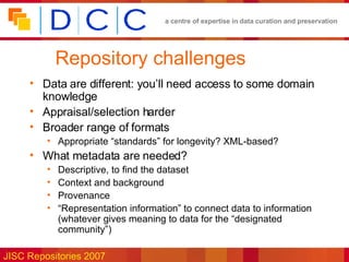 Repository challenges Data are different: you’ll need access to some domain knowledge Appraisal/selection harder Broader range of formats Appropriate “standards” for longevity? XML-based? What metadata are needed? Descriptive, to find the dataset Context and background Provenance  “ Representation information” to connect data to information (whatever gives meaning to data for the “designated community”) 