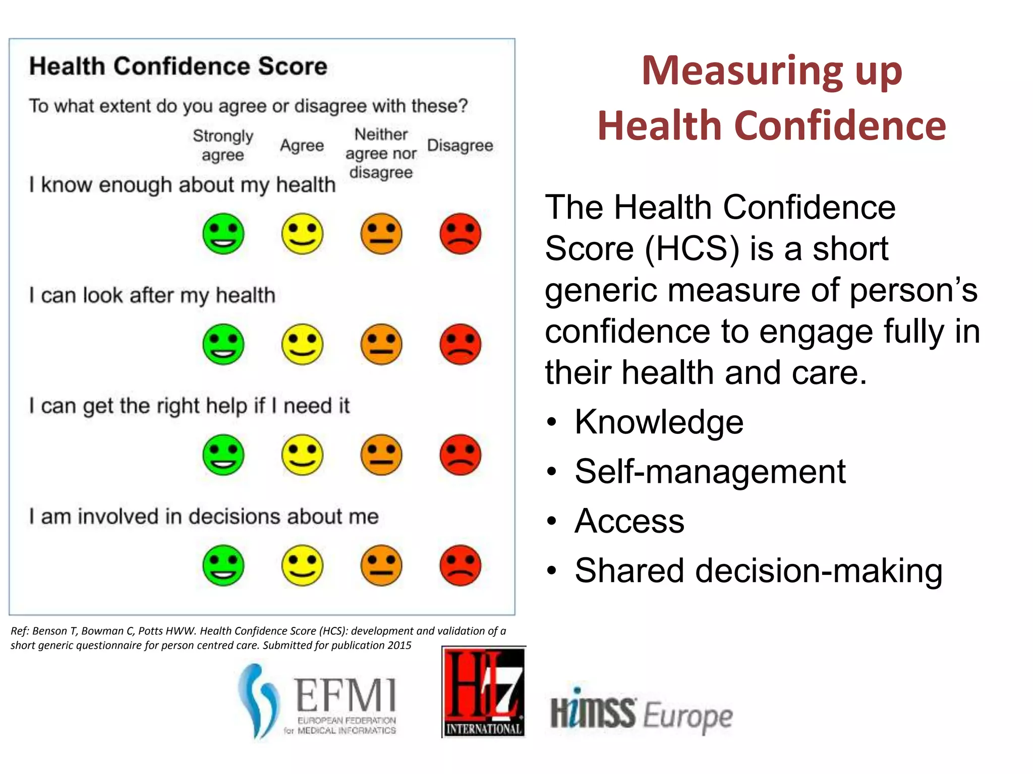 Ref: Benson T, Bowman C, Potts HWW. Health Confidence Score (HCS): development and validation of a
short generic questionnaire for person centred care. Submitted for publication 2015
Measuring up
Health Confidence
The Health Confidence
Score (HCS) is a short
generic measure of person’s
confidence to engage fully in
their health and care.
• Knowledge
• Self-management
• Access
• Shared decision-making
 