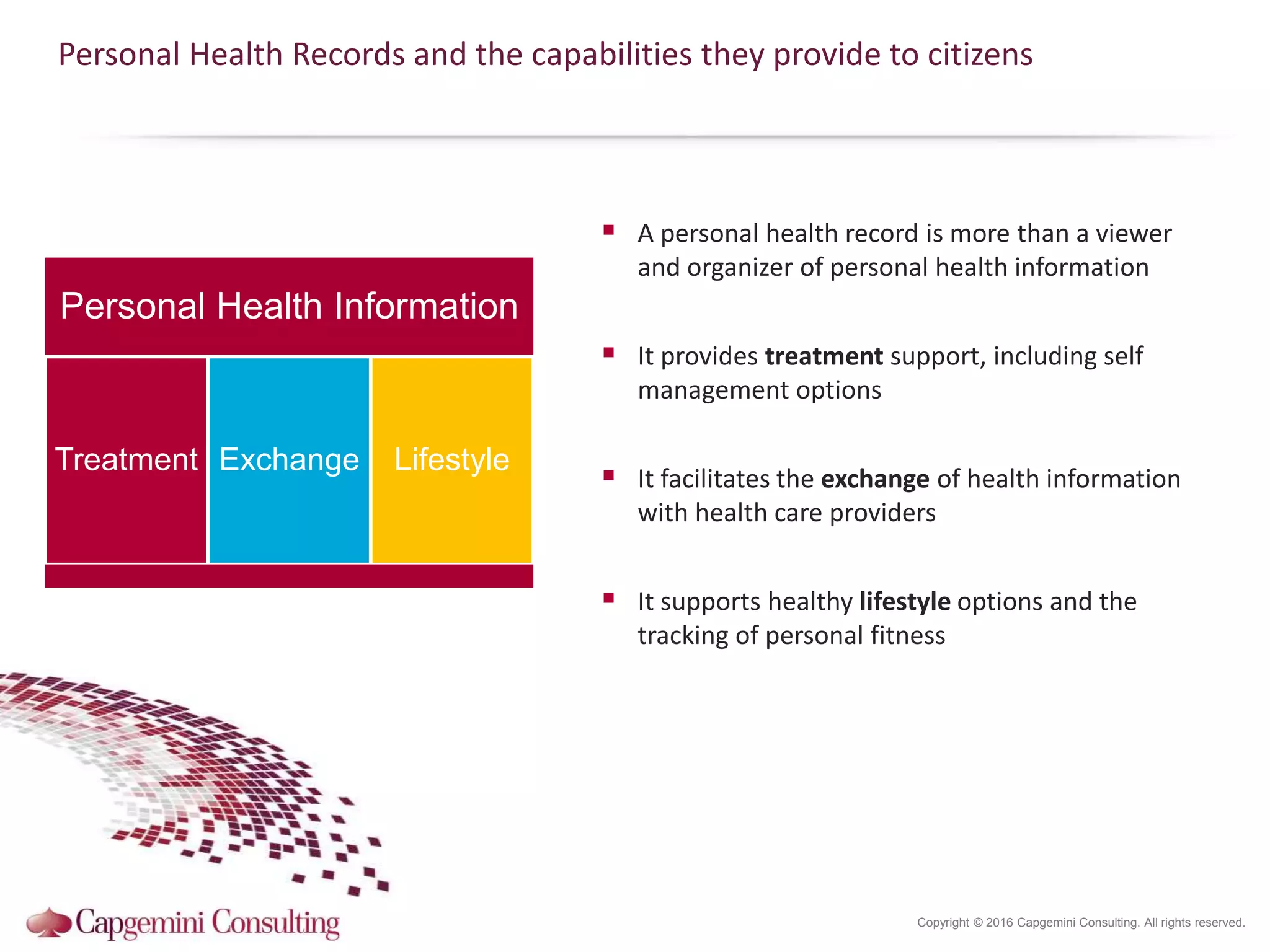 Copyright © 2016 Capgemini Consulting. All rights reserved.
Personal Health Records and the capabilities they provide to citizens
 A personal health record is more than a viewer
and organizer of personal health information
 It provides treatment support, including self
management options
 It facilitates the exchange of health information
with health care providers
 It supports healthy lifestyle options and the
tracking of personal fitness
Personal Health Information
Treatment Exchange Lifestyle
 
