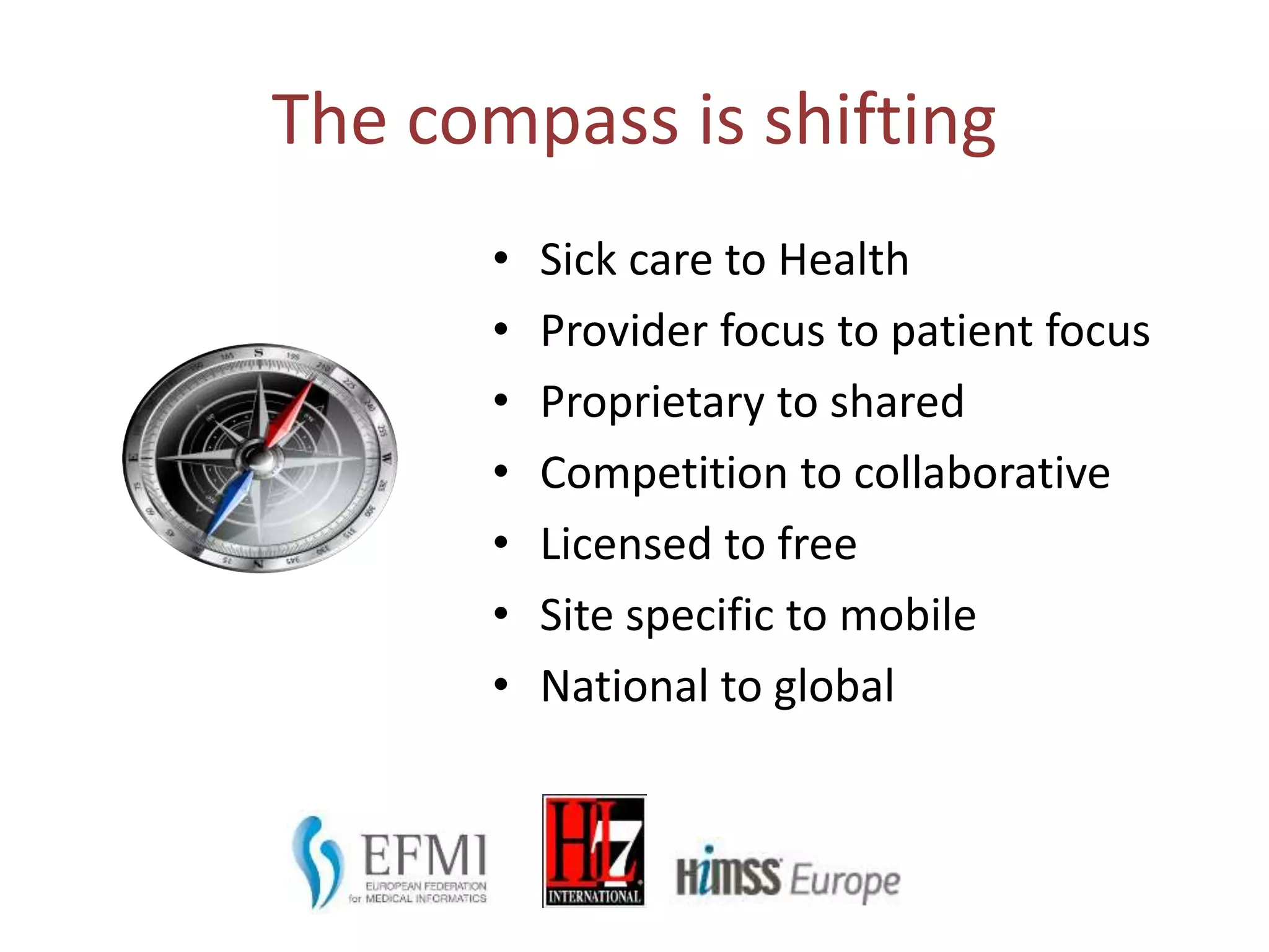The compass is shifting
• Sick care to Health
• Provider focus to patient focus
• Proprietary to shared
• Competition to collaborative
• Licensed to free
• Site specific to mobile
• National to global
 