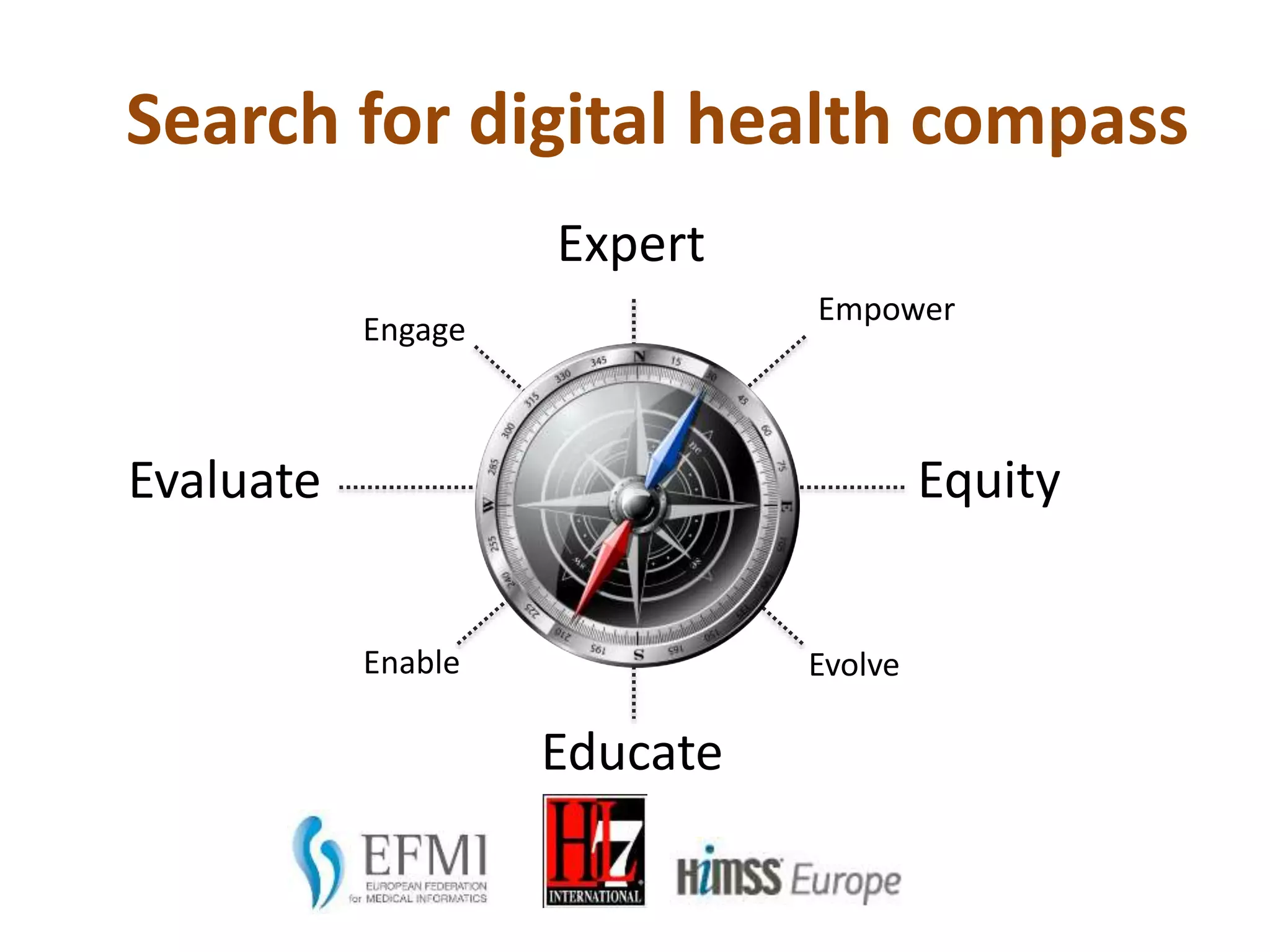 Expert
Empower
EquityEvaluate
Evolve
Educate
Engage
Enable
Search for digital health compass
 