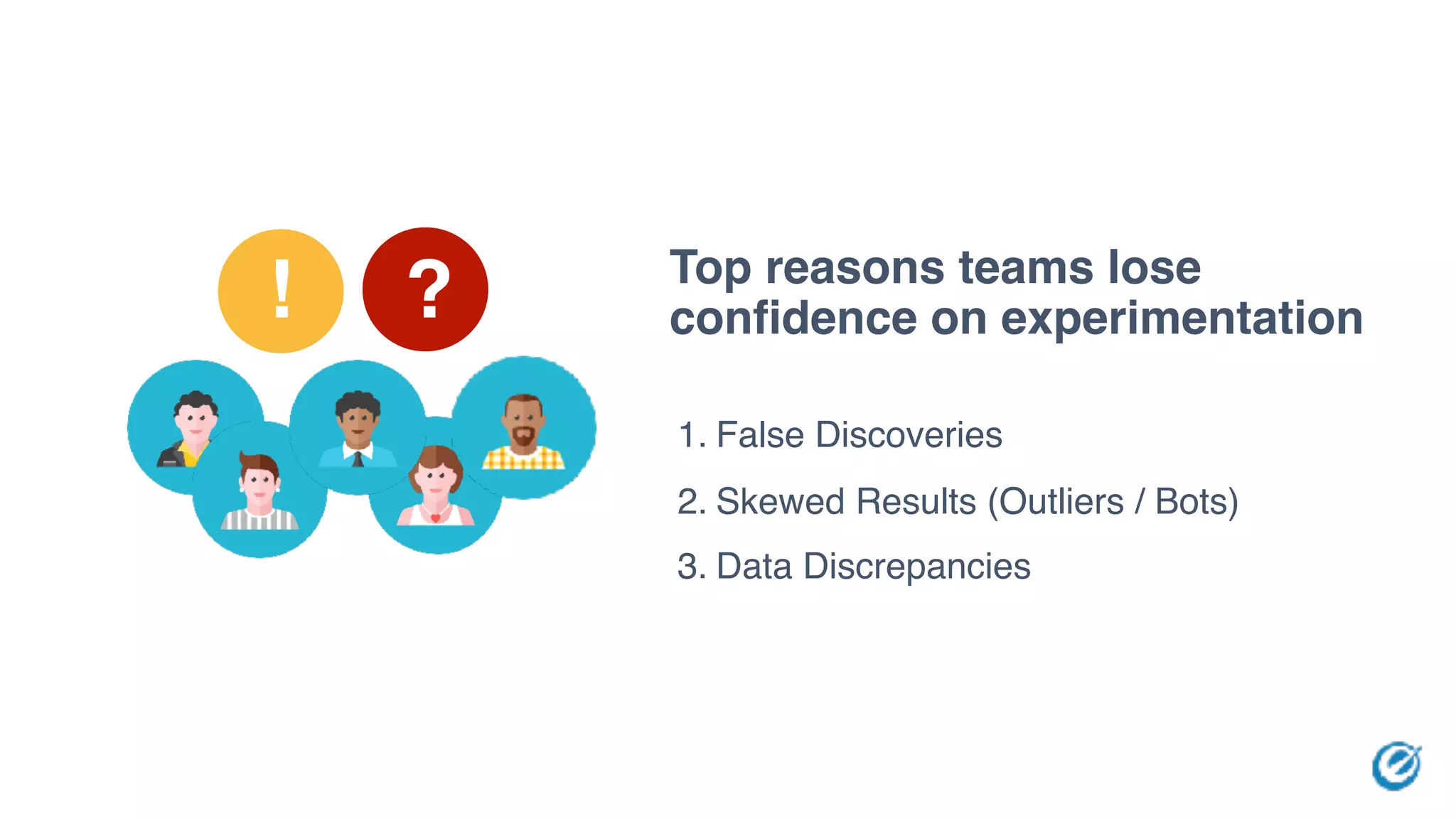 1. False Discoveries
2. Skewed Results (Outliers / Bots)
3. Data Discrepancies
Top reasons teams lose
confidence on experimentation?!
 
