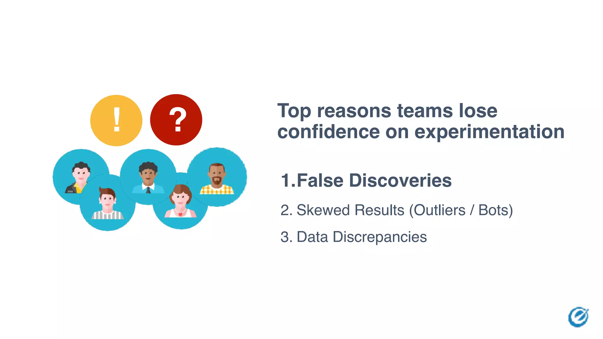 1.False Discoveries
2. Skewed Results (Outliers / Bots)
3. Data Discrepancies
Top reasons teams lose
confidence on experimentation?!
 