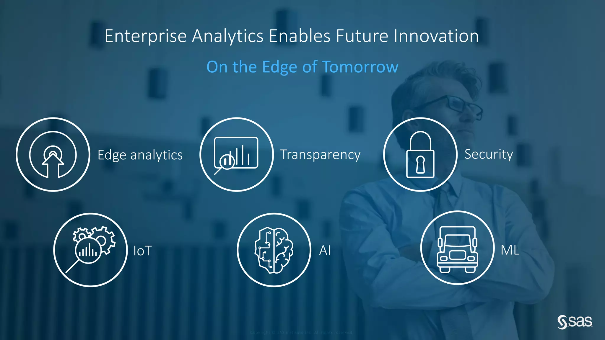 Copyright © SAS Institute Inc. All rights reserved.
Enterprise Analytics Enables Future Innovation
On the Edge of Tomorrow
Edge analytics Transparency Security
IoT AI ML
 