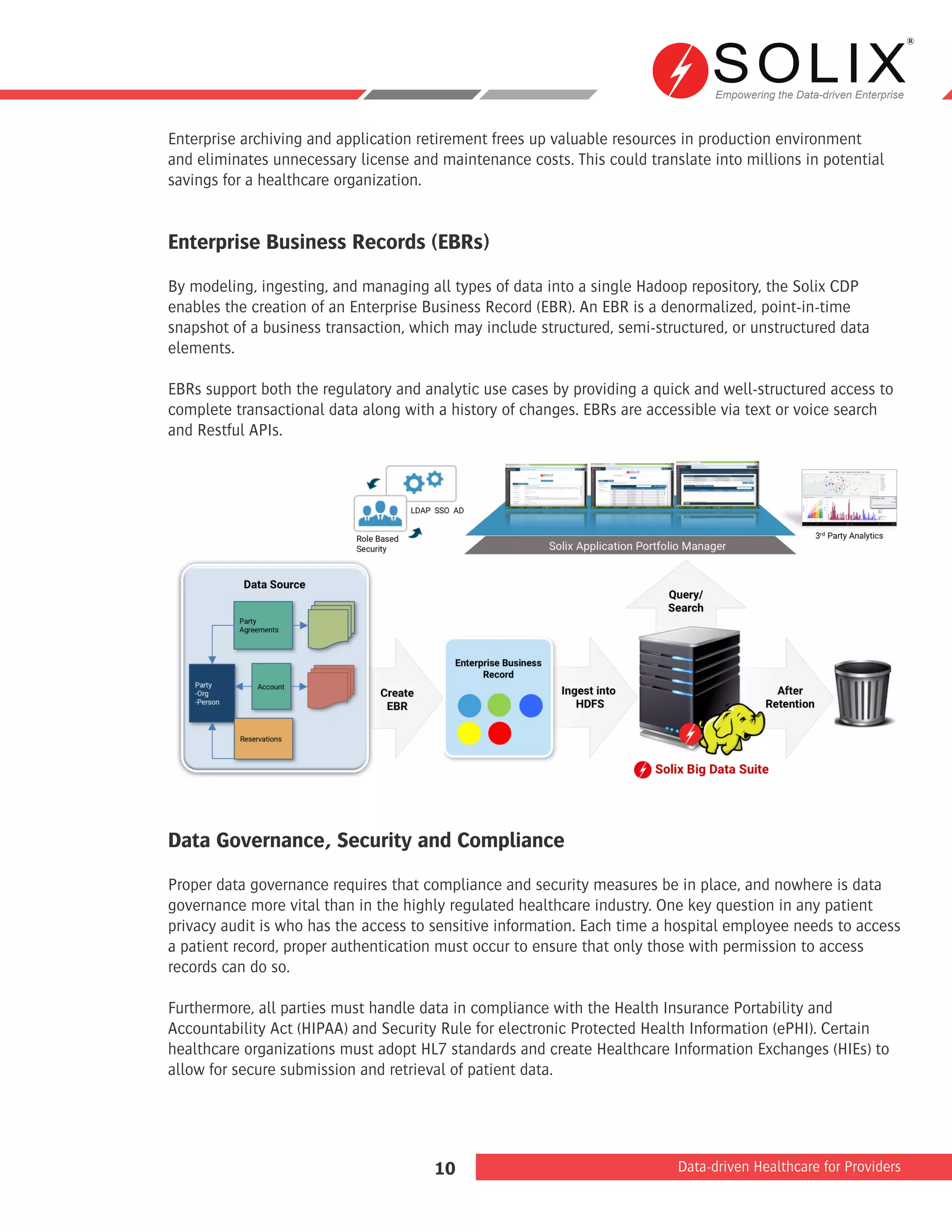 Empowering the Data-driven Enterprise
Data-driven Healthcare for Providers10
Enterprise archiving and application retirement frees up valuable resources in production environment
and eliminates unnecessary license and maintenance costs. This could translate into millions in potential
savings for a healthcare organization.
Enterprise Business Records (EBRs)
By modeling, ingesting, and managing all types of data into a single Hadoop repository, the Solix CDP
enables the creation of an Enterprise Business Record (EBR). An EBR is a denormalized, point-in-time
snapshot of a business transaction, which may include structured, semi-structured, or unstructured data
elements.
EBRs support both the regulatory and analytic use cases by providing a quick and well-structured access to
complete transactional data along with a history of changes. EBRs are accessible via text or voice search
and Restful APIs.
Data Governance, Security and Compliance
Proper data governance requires that compliance and security measures be in place, and nowhere is data
governance more vital than in the highly regulated healthcare industry. One key question in any patient
privacy audit is who has the access to sensitive information. Each time a hospital employee needs to access
a patient record, proper authentication must occur to ensure that only those with permission to access
records can do so.
Furthermore, all parties must handle data in compliance with the Health Insurance Portability and
Accountability Act (HIPAA) and Security Rule for electronic Protected Health Information (ePHI). Certain
healthcare organizations must adopt HL7 standards and create Healthcare Information Exchanges (HIEs) to
allow for secure submission and retrieval of patient data.
 