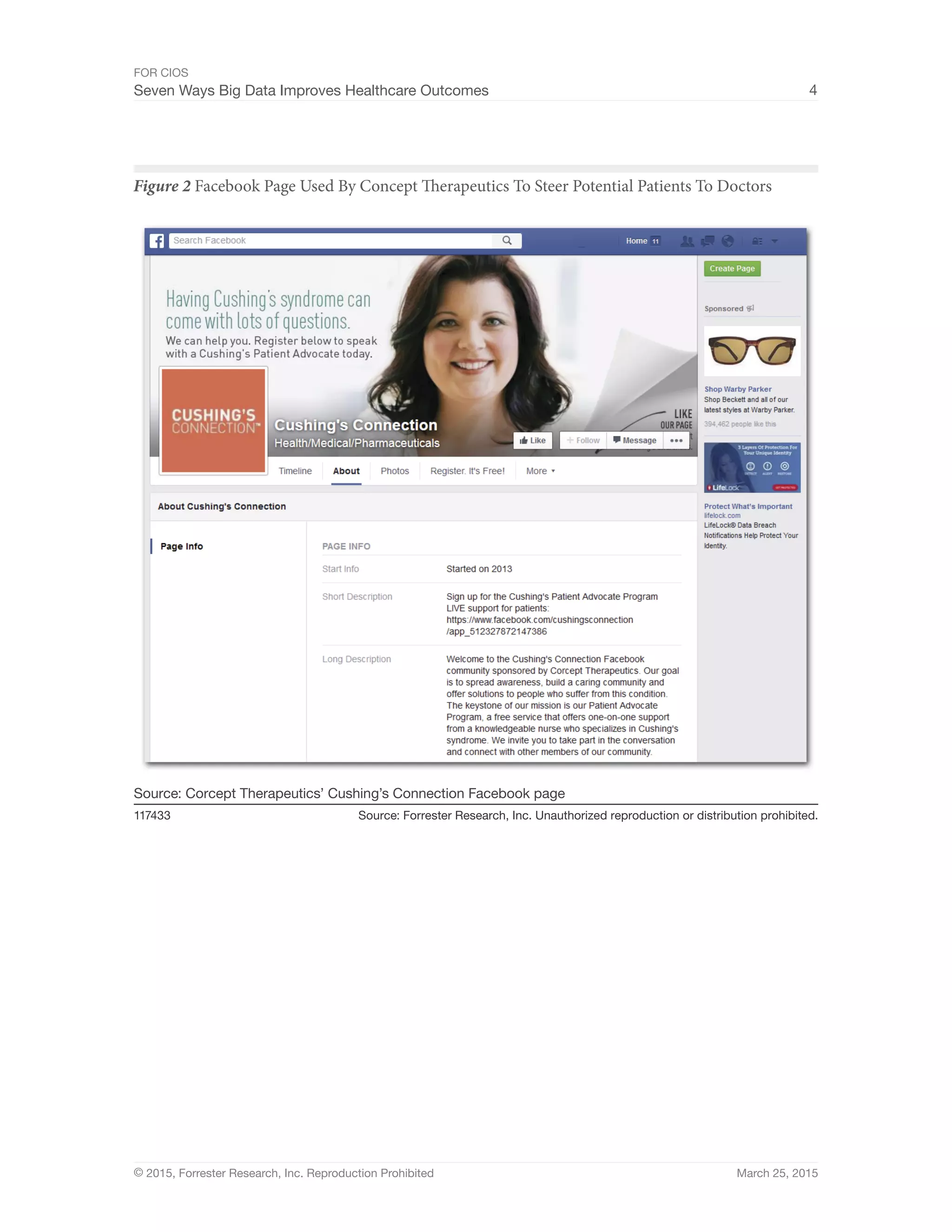 FOR CIOS
Seven Ways Big Data Improves Healthcare Outcomes 4
© 2015, Forrester Research, Inc. Reproduction Prohibited March 25, 2015
Figure 2 Facebook Page Used By Concept Therapeutics To Steer Potential Patients To Doctors
Source: Forrester Research, Inc. Unauthorized reproduction or distribution prohibited.117433
Source: Corcept Therapeutics’ Cushing’s Connection Facebook page
 
