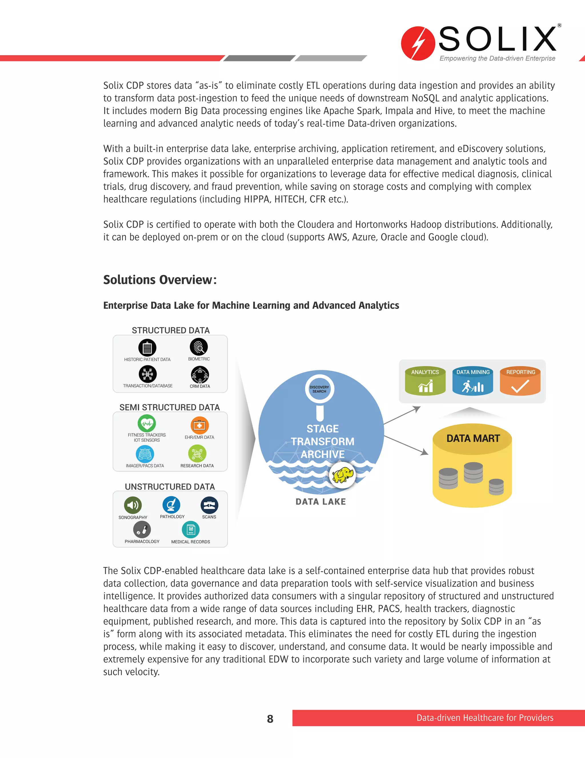 Empowering the Data-driven Enterprise
Data-driven Healthcare for Providers8
Solix CDP stores data “as-is” to eliminate costly ETL operations during data ingestion and provides an ability
to transform data post-ingestion to feed the unique needs of downstream NoSQL and analytic applications.
It includes modern Big Data processing engines like Apache Spark, Impala and Hive, to meet the machine
learning and advanced analytic needs of today’s real-time Data-driven organizations.
With a built-in enterprise data lake, enterprise archiving, application retirement, and eDiscovery solutions,
Solix CDP provides organizations with an unparalleled enterprise data management and analytic tools and
framework. This makes it possible for organizations to leverage data for effective medical diagnosis, clinical
trials, drug discovery, and fraud prevention, while saving on storage costs and complying with complex
healthcare regulations (including HIPPA, HITECH, CFR etc.).
Solix CDP is certified to operate with both the Cloudera and Hortonworks Hadoop distributions. Additionally,
it can be deployed on-prem or on the cloud (supports AWS, Azure, Oracle and Google cloud).
Solutions Overview:
Enterprise Data Lake for Machine Learning and Advanced Analytics
The Solix CDP-enabled healthcare data lake is a self-contained enterprise data hub that provides robust
data collection, data governance and data preparation tools with self-service visualization and business
intelligence. It provides authorized data consumers with a singular repository of structured and unstructured
healthcare data from a wide range of data sources including EHR, PACS, health trackers, diagnostic
equipment, published research, and more. This data is captured into the repository by Solix CDP in an “as
is” form along with its associated metadata. This eliminates the need for costly ETL during the ingestion
process, while making it easy to discover, understand, and consume data. It would be nearly impossible and
extremely expensive for any traditional EDW to incorporate such variety and large volume of information at
such velocity.
DATA MART
SONOGRAPHY PATHOLOGY
PHARMACOLOGY
SCANS
MEDICAL RECORDS
UNSTRUCTURED DATA
SEMI STRUCTURED DATA
FITNESS TRACKERS
IOT SENSORS
EHR/EMR DATA
IMAGER/PACS DATA RESEARCH DATA
STRUCTURED DATA
HISTORIC PATIENT DATA BIOMETRIC
CRM DATATRANSACTION/DATABASE DISCOVERY
SEARCH
STAGE
TRANSFORM
ARCHIVE
DATA LAKE
HIVEHIVE
ANALYTICS REPORTINGDATA MINING
 