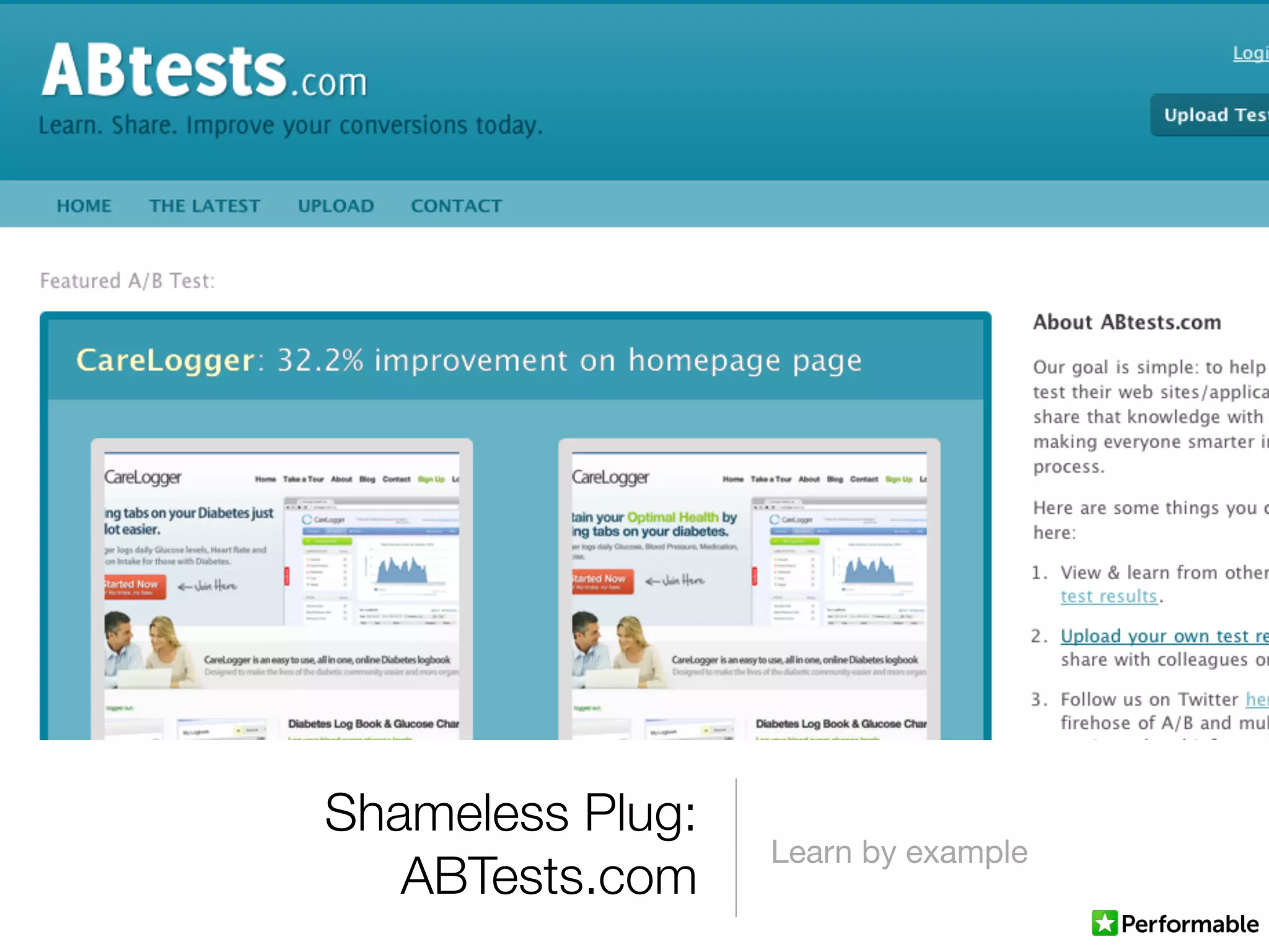Shameless Plug:
ABTests.com
Learn by example
 