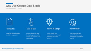 Why Use Google Data Studio
Did I mention it’s FREE?
Page 17
Templates
Google has sample templates
and data to help you start
Ease of Use
No scary big data tool here!
Familiar Google user interface
and drag and drop tools make
reporting easy.
Power of Google
Is there another FREE
reporting tool that has Google
engineering and support
behind it?
Community
Large Google user base
provides feedback to keep
improvement and feedback
loop full.
Becoming Data Driven with Google Data Studio
 
